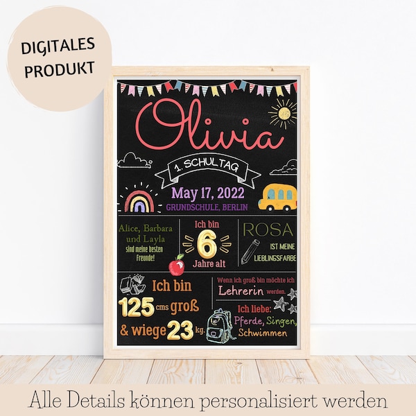 Personalisiert Regenbogen Chalkboard Einschulungstafel 1.Schultag geschenk, Chalkboard Einschulung Mädchen erster schultag tafel