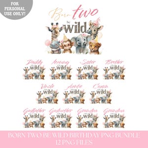 以下が含まれることがあります： 「Born Two Be Wild」というテキストと、「ワイルドのママ」や「ワイルドのパパ」などのさまざまな家族の称号が書かれた、ジャングル動物をテーマにした12個のデジタルPNGファイルのセットです。