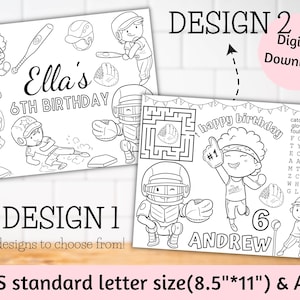 Manteles individuales de cumpleaños de béisbol personalizados, hoja de actividades, página para colorear, recuerdos de fiesta de cumpleaños, juegos para niños, decoración de mesa de fiesta