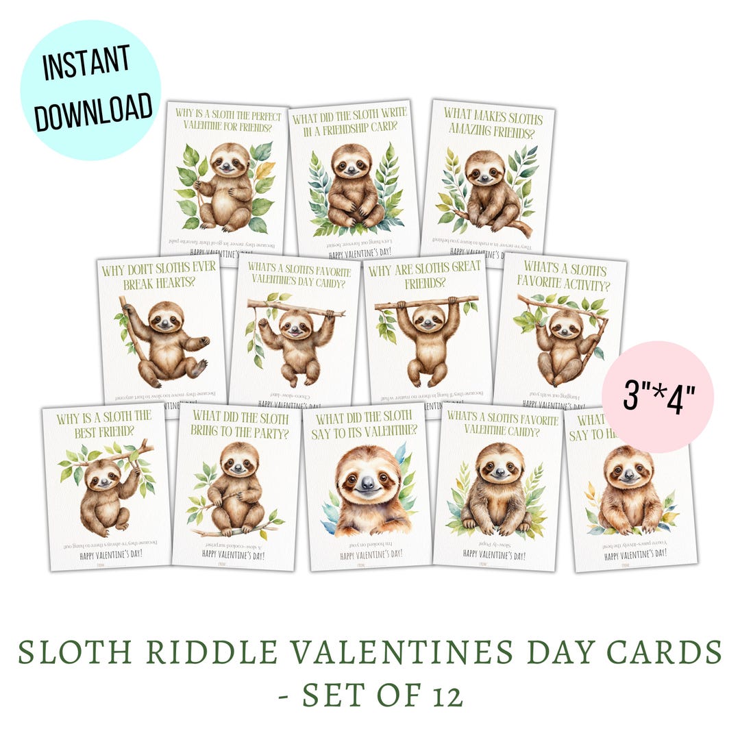 Printable Sloth Riddles Valentine's Cards for Kids, Sloth Funny ...