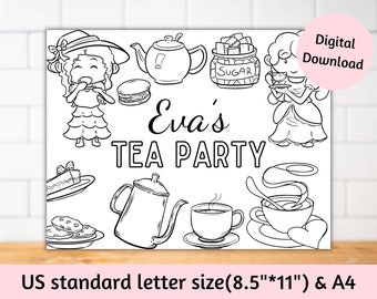 May include: Black and white line art illustration of a tea party scene. The image includes teacups, teapots, desserts, and two cartoon girls. Text reads "Eva's TEA PARTY" and "Digital Download". The paper size is 8.5"x11".