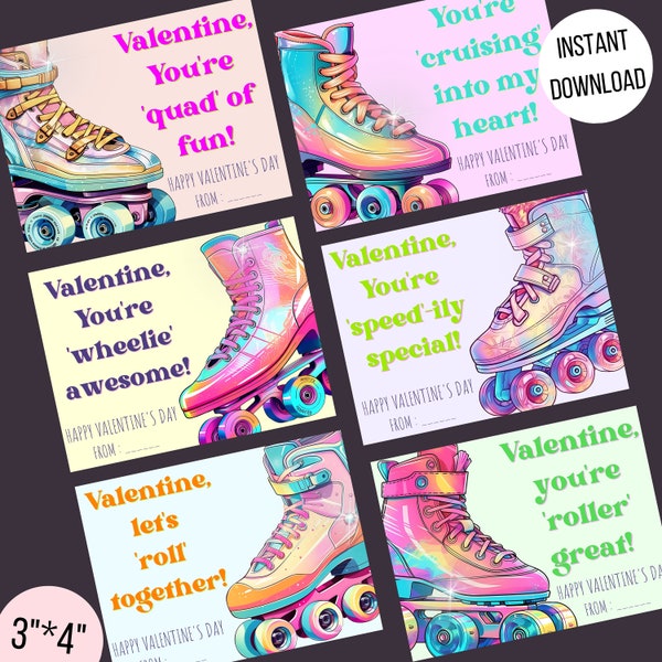 Printable Retro skates Valentine's cards, Roller skates kids Valentines tags, Cute girly rainbow skates Valentines tags, INSTANT DOWNLOAD