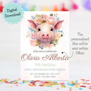 Printable Pig animal invitation, Watercolor pig birthday invite, Pig party invitation, Pig farm animal Party birthday celebration invite