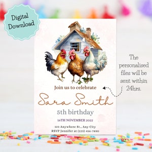 Printable Chicken invitation, Watercolor cluck chicken birthday invite, Vintage farm party invite, Chickens hen birthday celebration invite