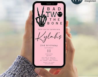 Personalized Bad two the bone mobile electronic invitation, Bad two the bone party Whatsapp invitation, girls second birthday invite