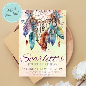 Invito di compleanno stampabile Dreamcatcher, invito festa acchiappasogni dell'acquerello, decorazione festa di compleanno Boho wild dream catcher
