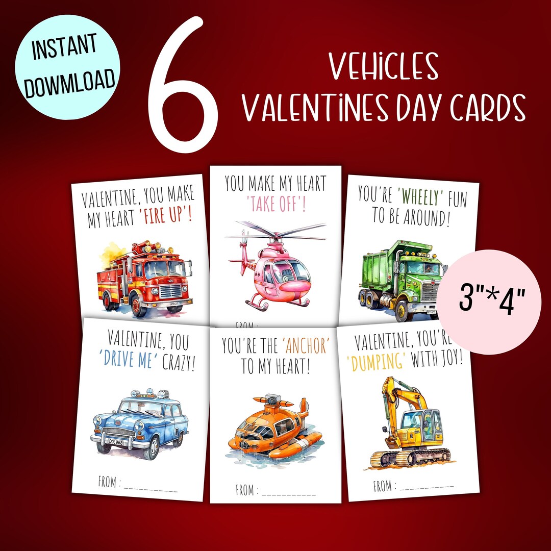 Printable City Vehicles Valentine's Cards, Kids Boys Vehicles ...