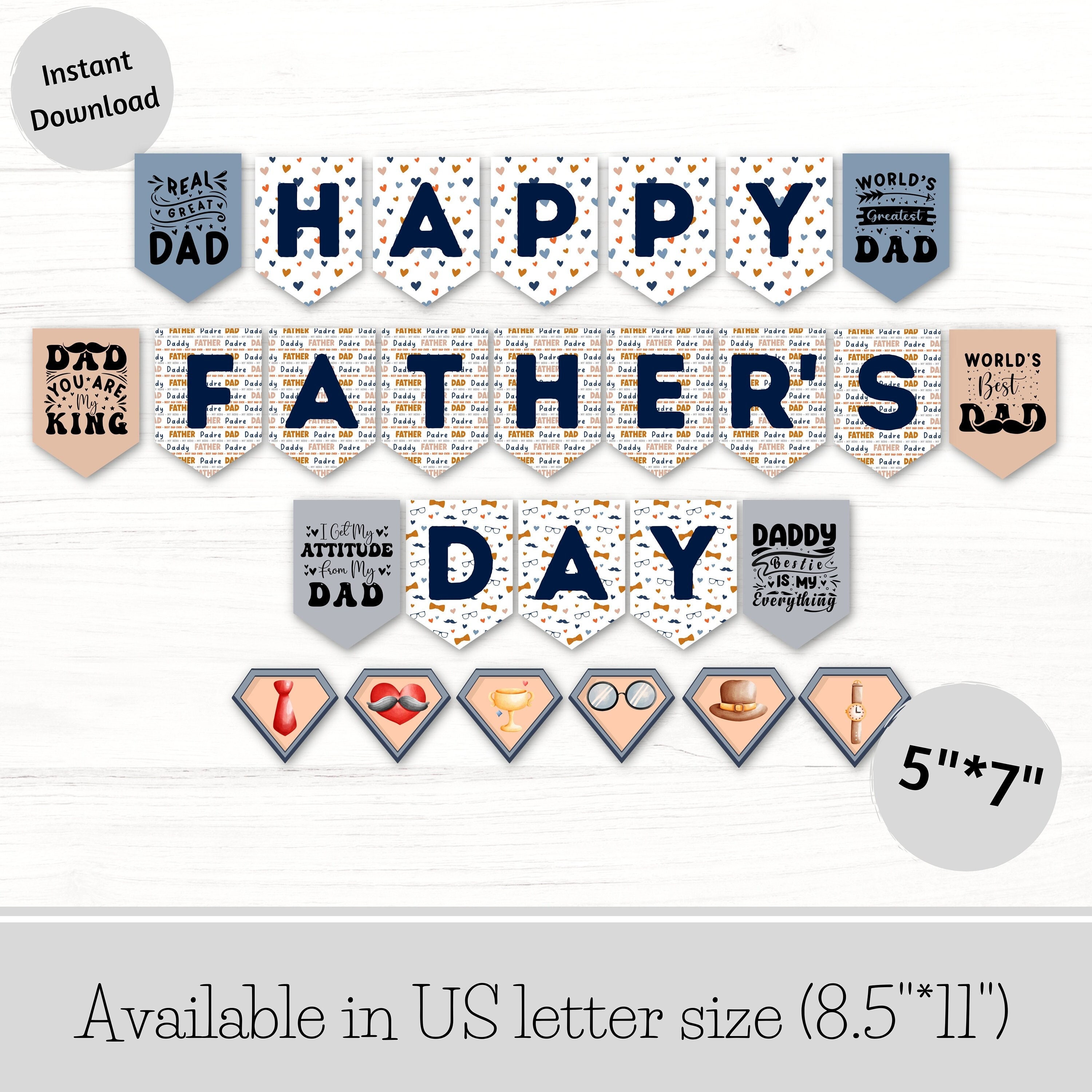 Happy Father's Day Banner – Mit Bart, Pfeife, Krone, Krawatte & Herz-Motiven, Ca. 114 Cm, Glitzer-Karton, Für Vatertags-Party