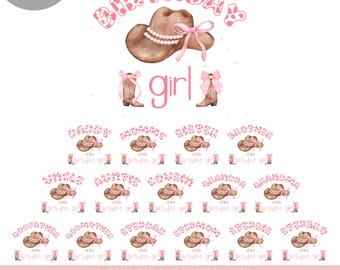May include: A set of 16 digital images featuring a cowgirl theme. The images include a pink and white cow print design with the words "Birthday Girl" and a brown cowboy hat with a pink ribbon. The images are perfect for a birthday party.