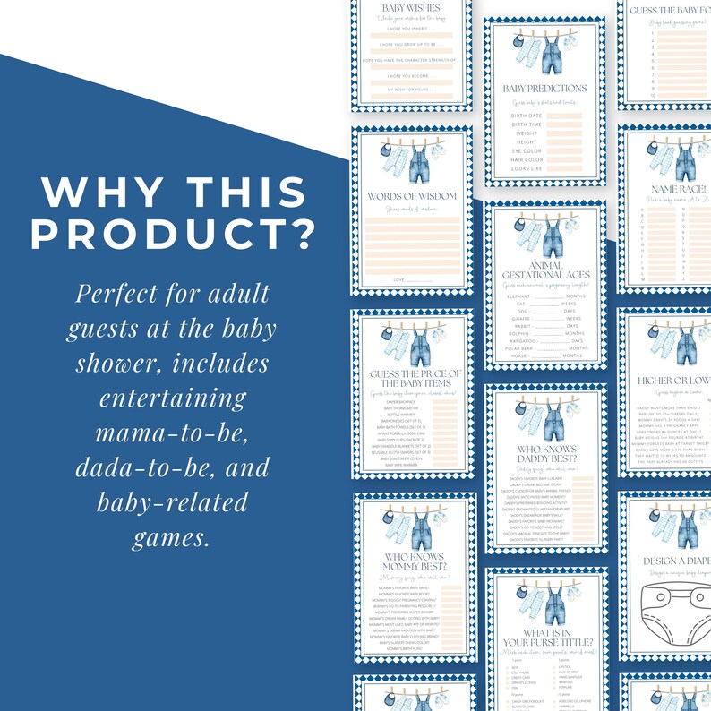 Printable Blue Jean Baby Shower Games Bundle, Denim Baby Shower Set of ...