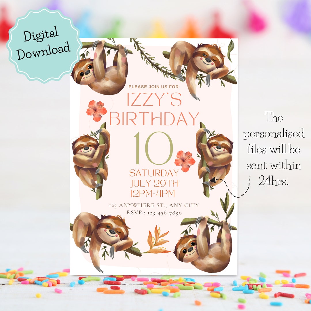 Printable Sloth Birthday Invitation, Watercolor Sloth Birthday Invite