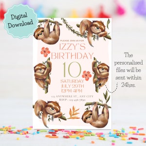 Printable Sloth birthday invitation, Watercolor Sloth birthday invite, Sloth party invite, Sloth birthday printables celebration invite