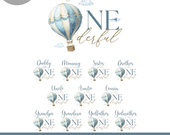 May include: Watercolor illustration featuring a blue and white hot air balloon with the text "Mr. ONEderful." Additional text includes "Daddy," "Mommy," "Sister," "Brother," "Uncle," "Auntie," "Cousin," "Grandpa," "Grandma," "Godfather," and "Godmother."