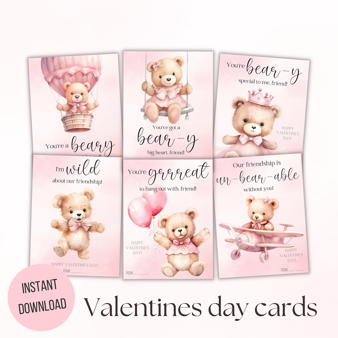 Printable Pink Girly Teddy Bear Valentines Cards for Kids, Cute Teddy ...