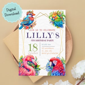 Printable Tropical Birds invitation, Tropical Birds birthday invite, Birds party invite, Tropical party birthday celebration invite