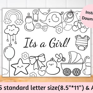 Printable It&#39;s a girl baby shower kids activity sheet coloring page party favors games for kids, INSTANT DOWNLOAD