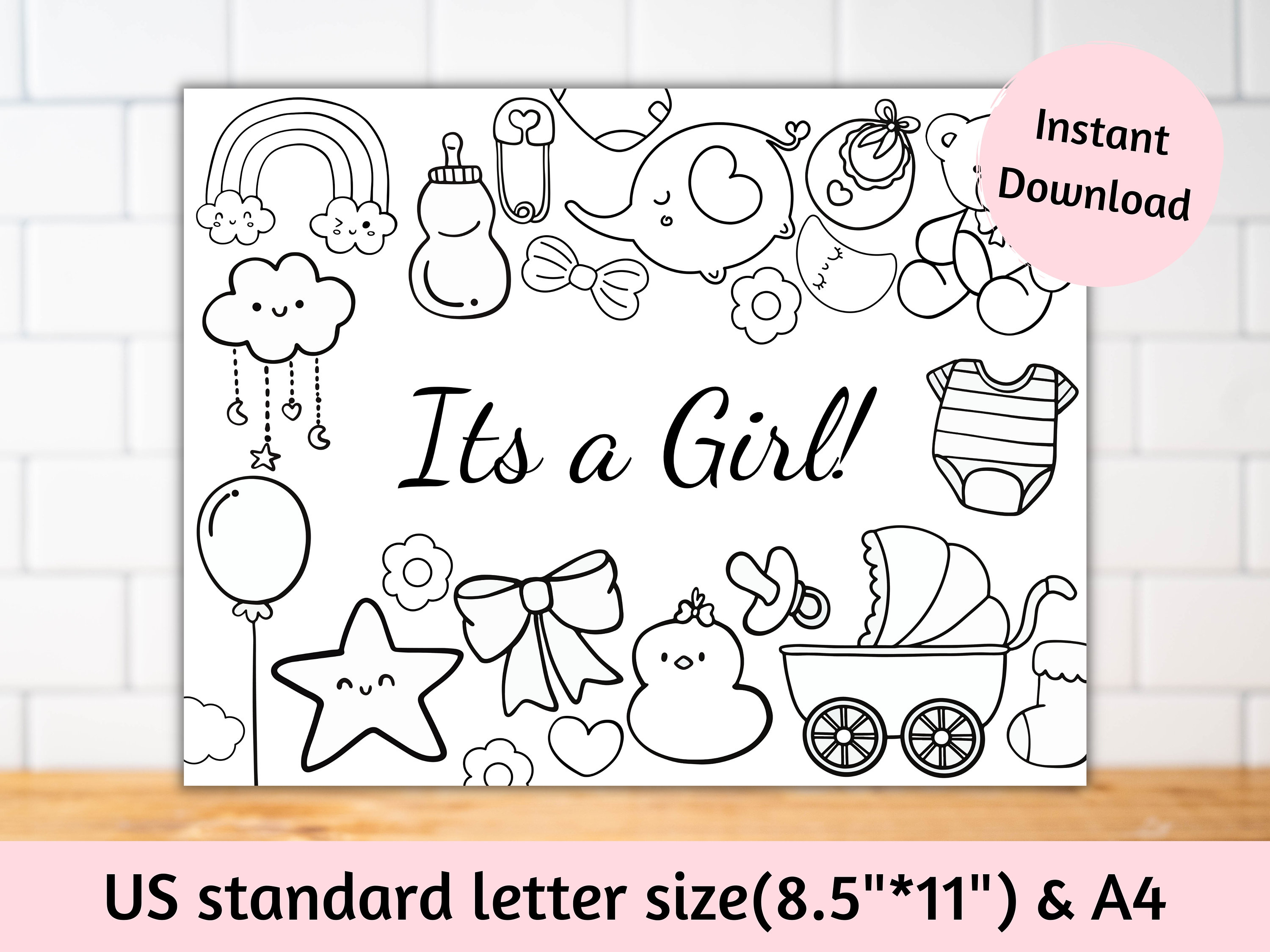 Printable it s a girl baby shower kids activity sheet coloring page