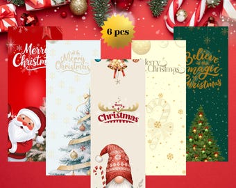 May include: Six Christmas-themed printable bookmarks. Designs include Santa Claus, Christmas trees, and festive text. The bookmarks are in red, white, green, and gold colours. The text on the bookmarks includes "Merry Christmas" and "Believe in the magic of Christmas."