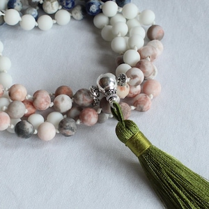 108 Mala Prayer Beaded Necklace - Hand Knotted - 8mm Matte Gemstomes - Blue Sodalite - Pink Zebra Jasper - White Agate - Green Tassel
