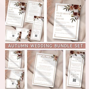 Autumn Wildflower Wedding Invitation Set Template, Fall Floral Wedding Invite, Boho Terracotta Blush Orange Red Burgundy, Printable Suite