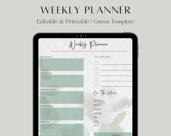 Weekly Planner Printable – Editable CANVA Planner Template – Green– Personalized Planner – One Week To Do List – Digital Download