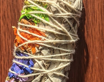 sage and dried flowers smudge stick