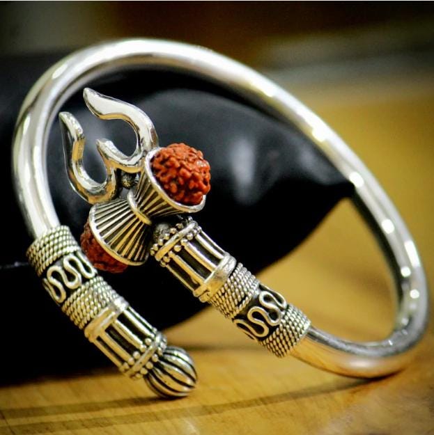 New Plain Design Trishul Kada,Hindu Silver wrist Bracelet for man, Rudraksh Bracelet for the gift every one Handicraft jewelry,Father's day
