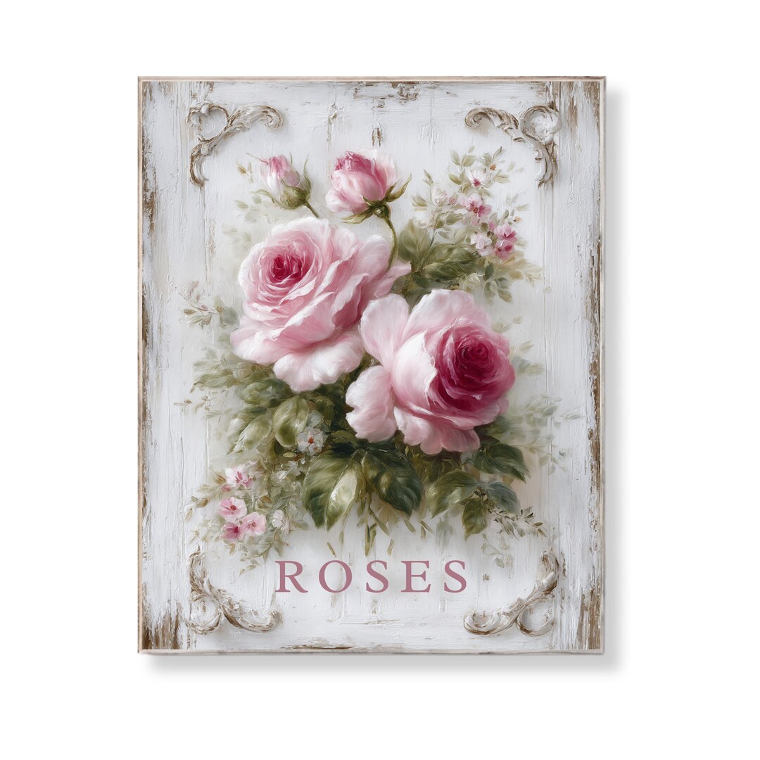 Shabby Chic Roses Printable Wall Art With Vintage Pink Floral Rustic ...
