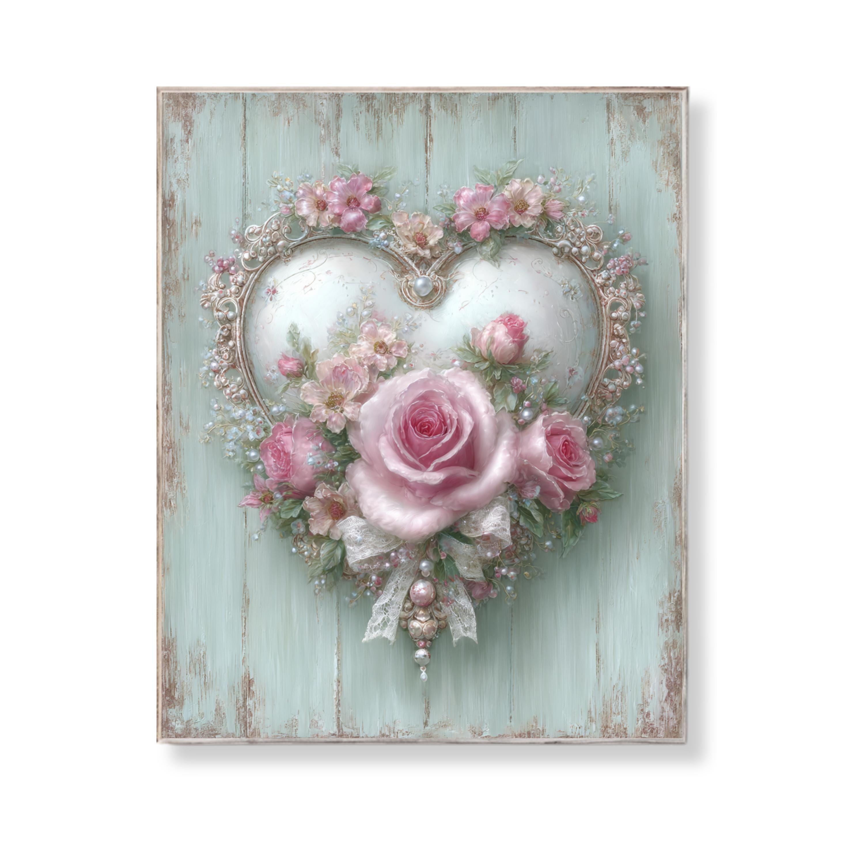 Shabby Chic Heart Sign Wood Wall Art Pink Rose Floral Decor Vintage ...