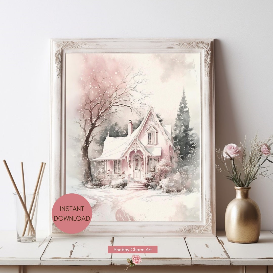 Pink Winter Wonderland Pink House Art Vintage Print Winter Scene Light ...