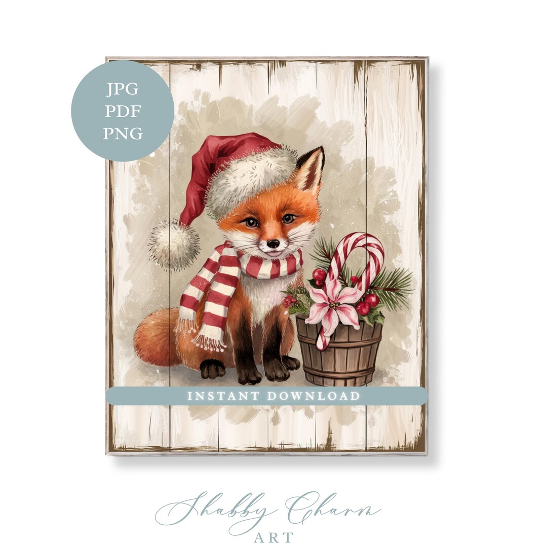 Vintage Christmas Fox With Santa Hat, Candy Cane & Flowers, Winter ...