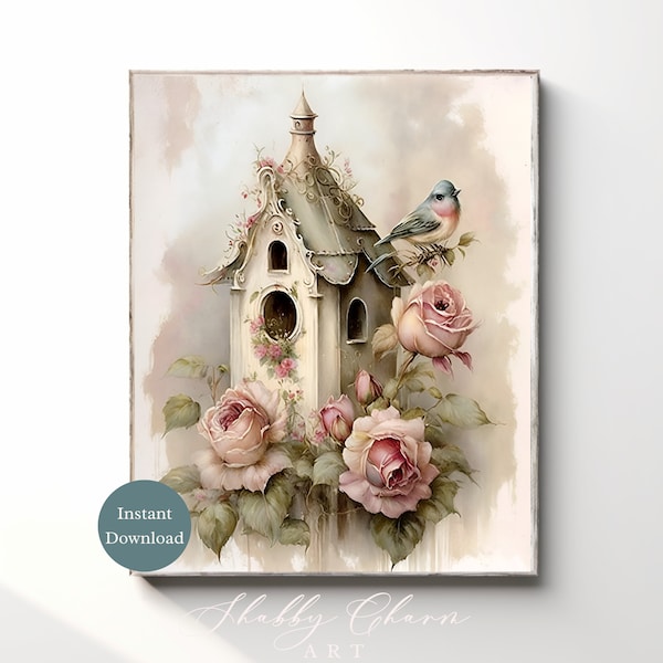 Shabby Chic Birdhouse Antique Roses Watercolor Vintage Print Wall Art Instant Digital Download Printable Cottagecore Art Retro Painting