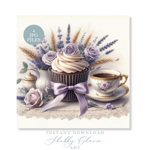 Shabby Chic Vintage Tea Time Clipart lavendel cupcake rozen koffie stilleven ongewenste dagboek plakboek Cottagecore afdrukbare hoge resolutie JPG