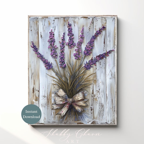 Lavender Wall Art, Farmhouse Style Sign, Cottage Floral Decor Print, Printable Flower Poster, White Wood Rustic Painting, Digital Download