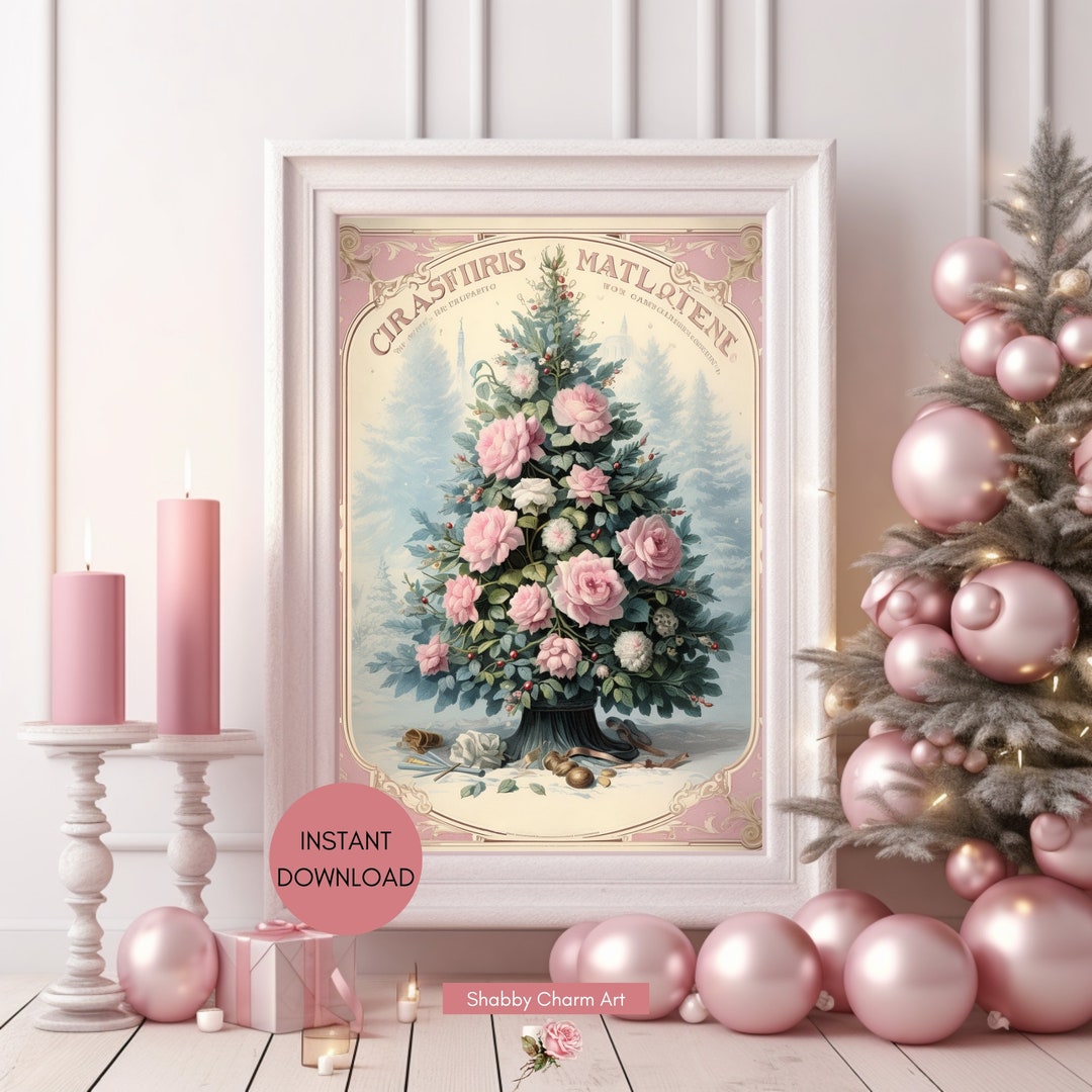 Shabby Chic Pink and Green Vintage Style Christmas Tree Wall Art ...