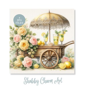 Shabby Chic Lemonade Stand JPG Bundle Vintage Floral Refreshing Citrus Cart Pastel Roses Lace Cottagecore Junk Journal Scrapbook Crafts