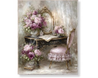 Romantische Vintage Shabby Chic Eitelkeit Wand Kunst druckbare Blumen rosa Rosen Spiegel Lace Stuhl Elegante feminine Schlafzimmer Dekor Digital Download