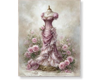 Romantic Rococo Shabby Chic Dress Wall Art Printable Vintage Pink Gown With Pearls Lace Roses Victorian French Feminine Decor Download