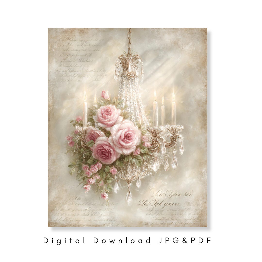 Shabby Chic Chandelier Wall Art Pink Roses Floral Vintage Cottagecore ...