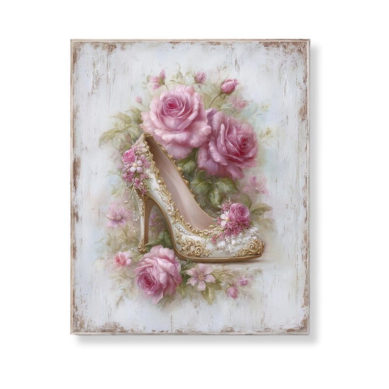 Shabby Chic Shoe Wood Wall Art Pink Rose Floral Decor Vintage Romantic ...