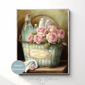 Wydruk sztuki ściennej w stylu shabby chic — natychmiastowe pobranie cyfrowe | 8x10 PDF i JPG | Zastosowanie komercyjne | Dekoracja domowa w stylu vintage z kwiatami — kosz na środki czyszczące