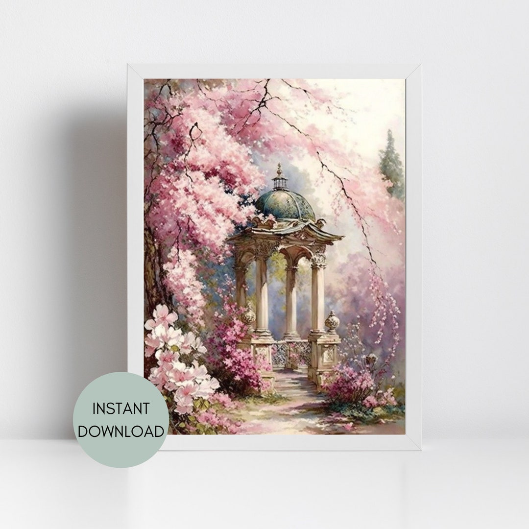 Watercolor Japanese Cherry Blossom Tree Scene Instant Digital Etsy