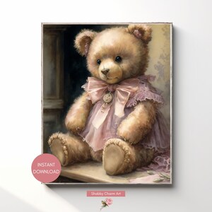 Lámina artística de osito rosa: Decoración infantil shabby chic (descarga digital)