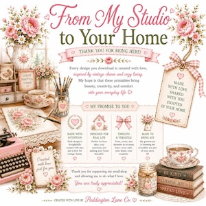 May include: A digital print featuring the text From My Studio to Your Home, decorated with pink floral illustrations, a vintage pink typewriter, a teacup, a mason jar with paintbrushes, and a stack of books with the words Be Kind, Choose Joy, Spread Love.
