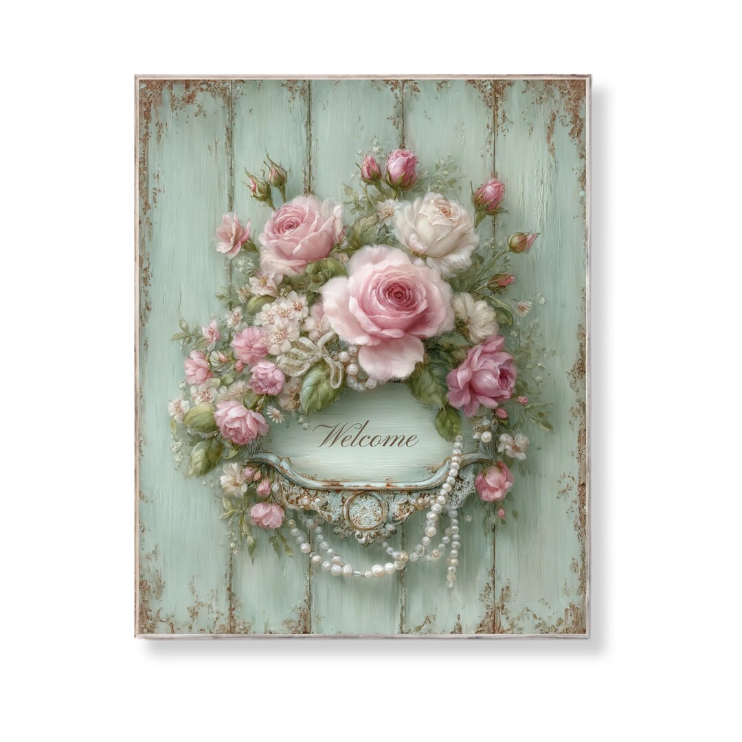 Shabby Chic Welcome Sign Wall Art Pink Rose Floral Decor Vintage ...