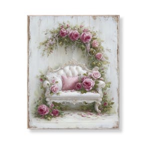 Puede incluir: Una pieza decorativa de arte mural que presenta un banco blanco ornamentado con un cojín rosa. El banco está rodeado de rosas rosas y vegetación, con un arco floral en la parte superior. El fondo es un panel de madera blanca envejecida.