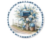 Mailbox Signs Farmhouse Floral Blue Mailbox Round Sign PNG Wreath Accent Centerpiece Door Hanger Sublimation Digital Download Homeware