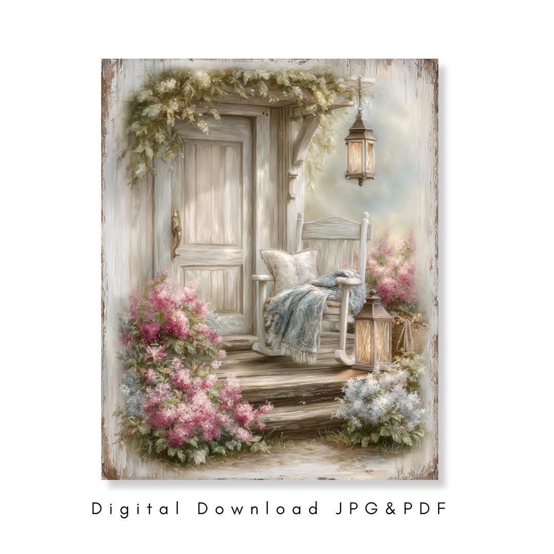 Shabby Chic Porch Wall Art Vintage Cottage Floral Rocking Chair Decor ...
