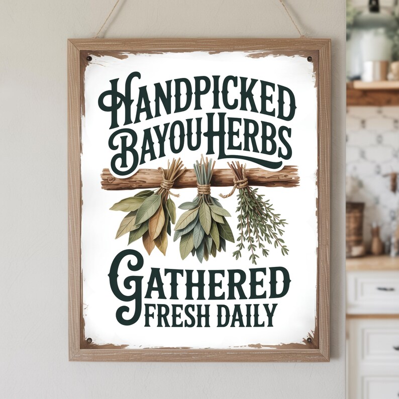 Handpicked Bayou Herbs Sign PNG Farmhouse Kitchen Wall Art Print Rustic ...