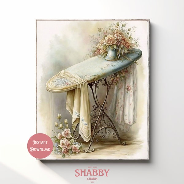 Vintage Antique Ironing Board Watercolor Print, Shabby Chic Wall Art, Instant Digital Download Printable, Cottagecore Art, Retro Painting